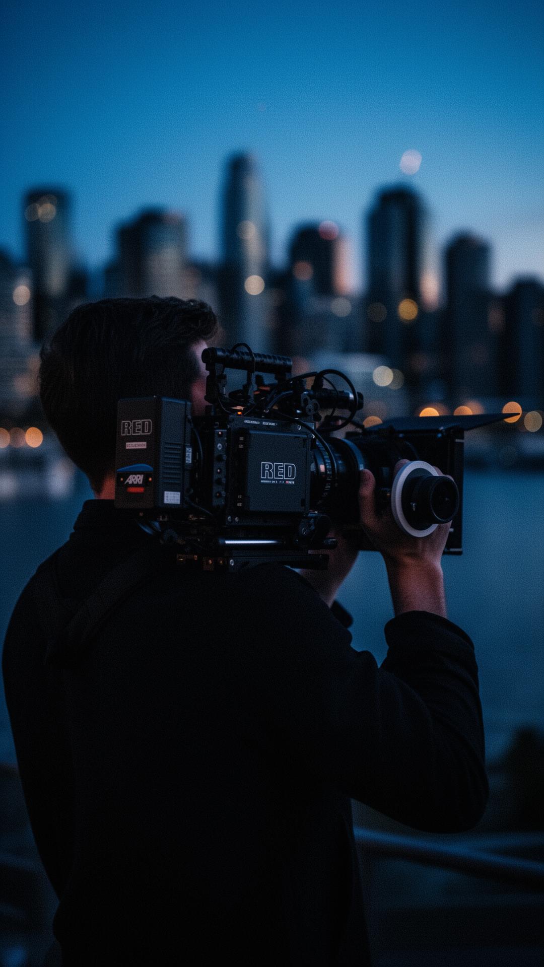 Nick Chaika, founder of NC Productions, operating a cinema camera outdoors with the waterfront and city skyline softly blurred behind him.