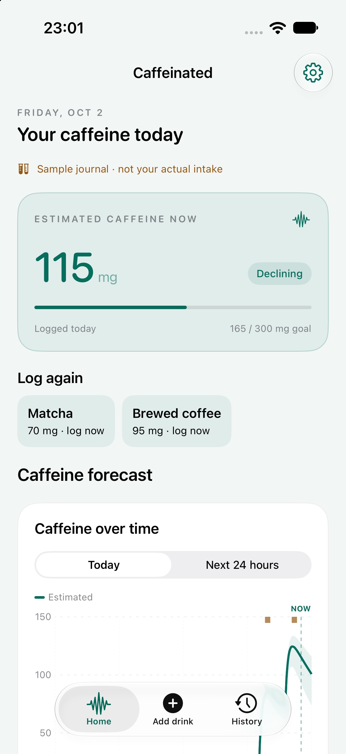 Caffeinated app showing a sample caffeine journal and estimated caffeine chart.