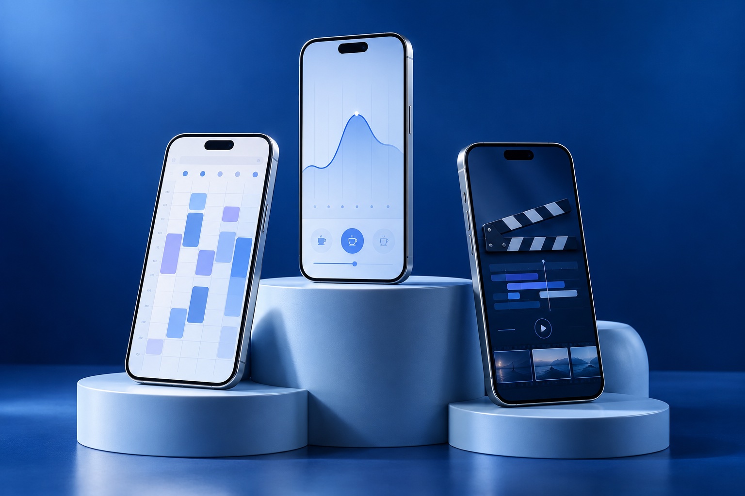 Three phones on blue studio plinths, illustrating planning, caffeine tracking, and film production.