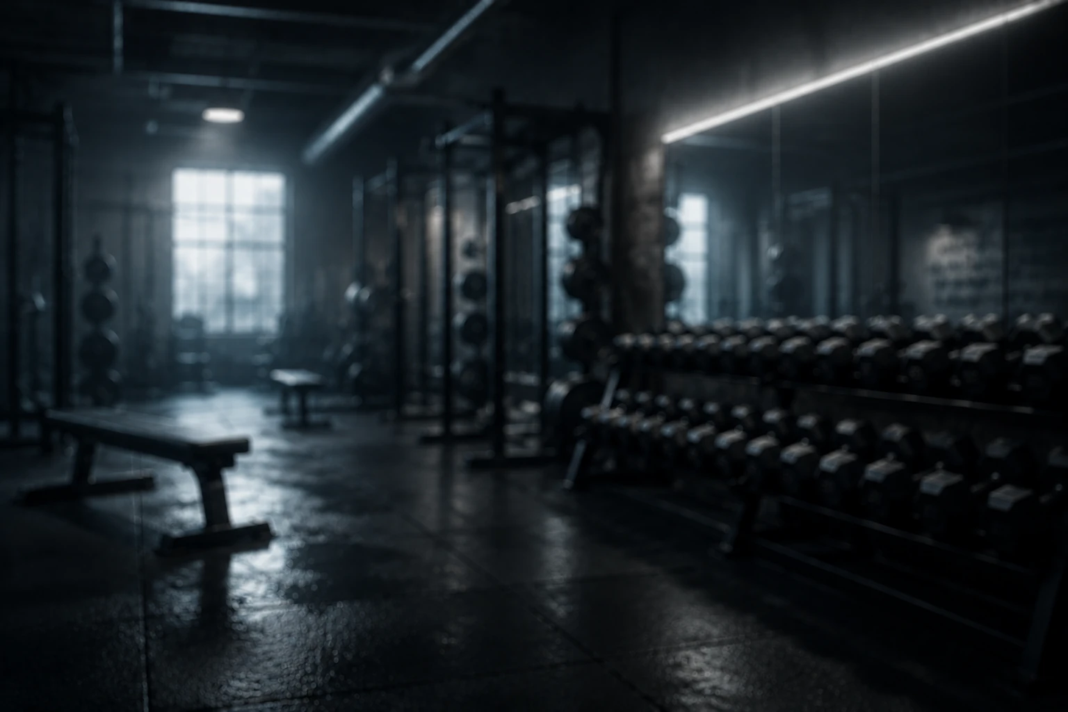 A softly focused, dark gym interior with rows of dumbbells, weight benches, squat racks and a wall-length mirror lit by windows and an overhead strip light.